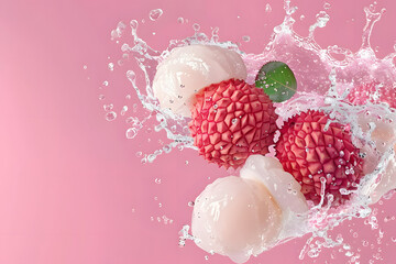 Canvas Print - Creative layout made from Fresh lychee or litchi fruit and water splashing on a pastel pink background. Fruit minimal concept and copy space.