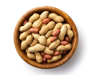 organic peanuts in wooden bowl isolated on white background