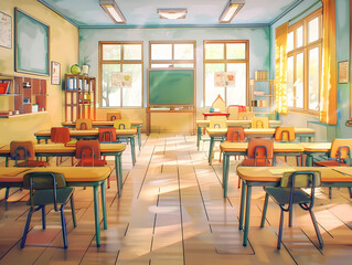 Wall Mural - Empty classroom with desks, chairs, and educational materials, hinting at a warm and engaging learning environment for primary school students.