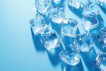 Wall Mural - Clear ice cubes scattered against a light blue background, top view