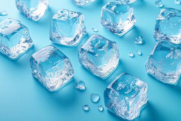 Wall Mural - Clear ice cubes scattered against a light blue background, top view