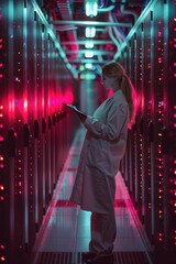 Poster - A woman in a white lab coat stands in a well-lit server room with rows of computer servers and technical equipment