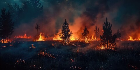 Wall Mural - Wildfire Photography of Burning Grass and Trees in the Field at Night