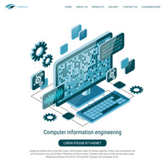 Wall Mural - Computer information engineering flat 3d isometric vector concept illustration