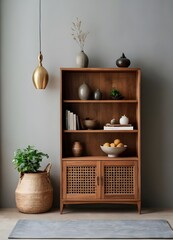 Wall Mural - Wooden cabinet and accessories decor in living room interior on empty soft grey wall background.