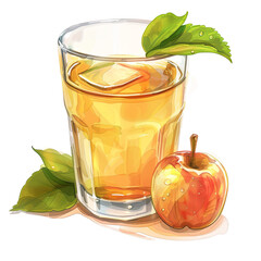 A refreshing glass of apple juice featuring a crisp apple and green leaves, perfect for a healthy beverage choice.