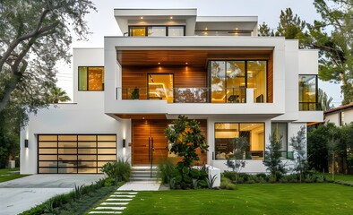 Modern two-story house with white walls and wooden accents, large windows overlooking the garden, near a modern garage in front. The landscape has green grass and trees.