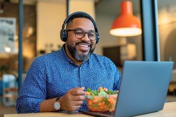 A cheerful man wearing glasses and headphones enjoys a fresh salad while working on his laptop in a modern, well-lit office space. His broad smile suggests a pleasant and engaging work environment