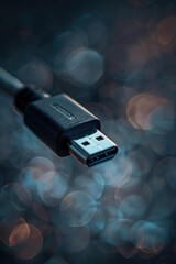 Poster - A close-up shot of a USB cable with blurred lights in the background, ideal for illustrations on technology and gadgets