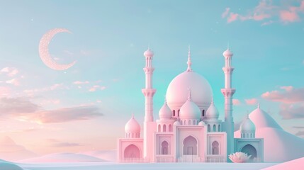 Sticker - A white mosque with minarets under a pastel pink sky.