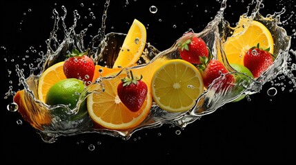 Wall Mural - Water splash with fruits and berries isolated on black background. Fresh summer food