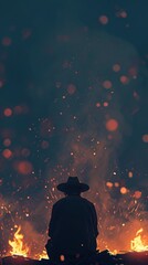 Canvas Print - Silhouetted figure in hat watching a fire.