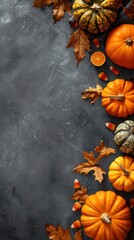 Wall Mural - Pumpkins, autumn leaves, and candy corn on a dark background.