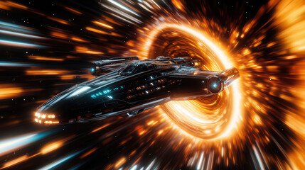 Wall Mural - a spaceship is speeding at light speed through a holographic galactic vortex. generative ai