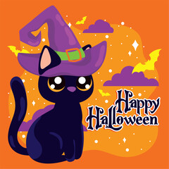 Poster - Witch cat Happy Halloween poster Vector