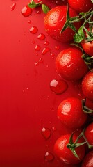 Wall Mural - Red tomatoes on a red background with water drops.