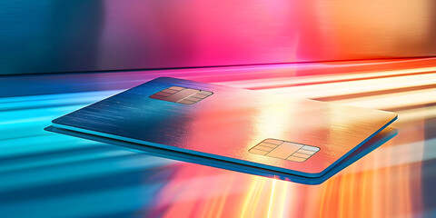 Poster - Vibrant abstract colored background with a solitary silver credit card lying flat, its reflective surface catching light, evoking a sense of modern finance and commerce.