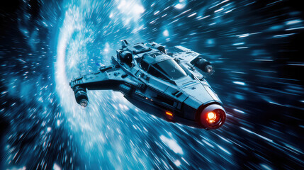 Wall Mural - a spaceship is speeding at light speed through a holographic galactic vortex. generative ai
