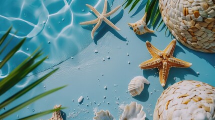 Wall Mural - Starfishes sit among shells and palm leaves on a blue surface