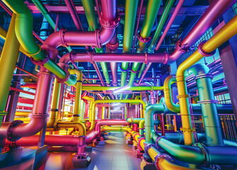 Wall Mural - Colorful 3D visualization of a building's internal utility system, showcasing intricate networks of pipes, ducts, and cables, generated using artificial intelligence and CAD software.