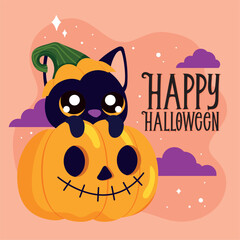 Poster - Witch cat and pumpkin Happy Halloween poster Vector