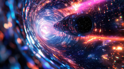 Wall Mural - a spaceship is speeding at light speed through a holographic galactic vortex. generative ai