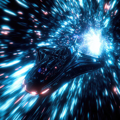 Wall Mural - a spaceship is speeding at light speed through a holographic galactic vortex. generative ai