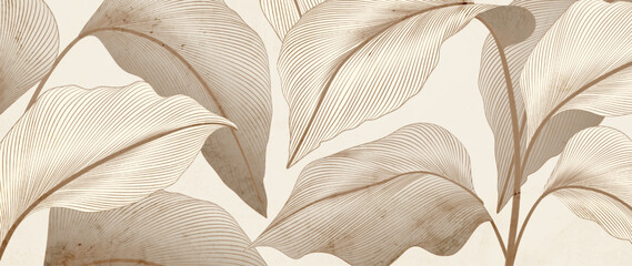 Wall Mural - abstract botanical art background with tropical leaves in hand drawn line style. modern style plant 