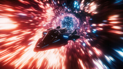 Wall Mural - a spaceship is speeding at light speed through a holographic galactic vortex. generative ai