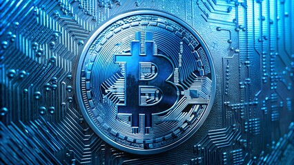 Blue foil bitcoin texture, glass background