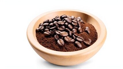 Wall Mural - Roasted coffee beans with coffe powder in wooden bowl isolated on white background.