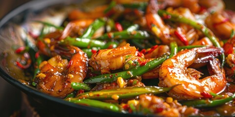 Wall Mural - Spicy Stir Fried Shrimps and Petai Stinky Beans in Sambal Malaysian Asian Asean Cuisine