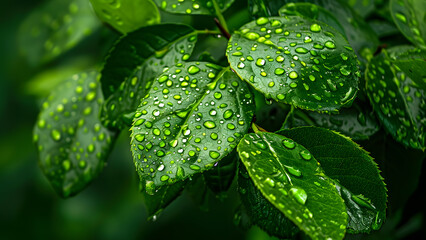 Fresh Dew on Green Leaves Macro Shot