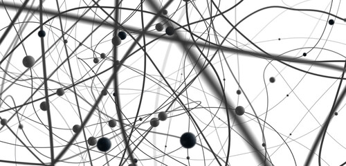 Poster - Big data visualization. Network connection structure with chaotic distribution of points and lines. 3D rendering.