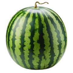 A fresh, ripe watermelon with vibrant green stripes, isolated on a white background, transparent background.