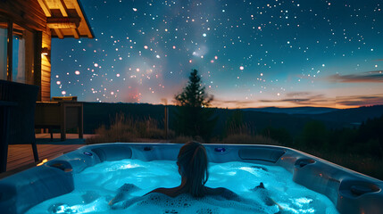 A serene night soaking in a hot tub, gazing up at twinkling stars above.