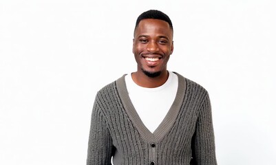 Poster - Lifestyle portrait video of a satisfied Brazilian man in his 40s wearing a chic cardigan against a white background 