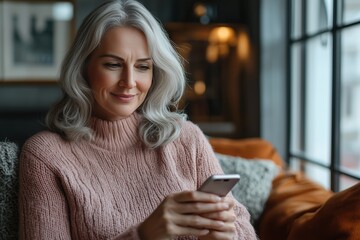 Wall Mural - Mature Woman Engaged in Modern Communication via Mobile Texting