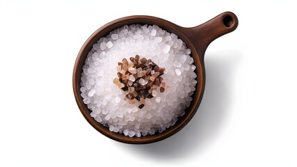 Wall Mural -  natural sea salt in brown bowl isolated on white background. 