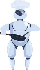 Poster - Robot chef is holding a frying pan and spatula, cooking food in a modern kitchen