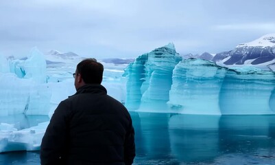 Wall Mural - Man looking at icebergs in AntarcticaGlobal warming and climate change concept.