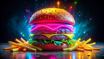 Vibrant neon burger glowing with bright pink, electric blue, and sunshine yellow hues, surrounded by fizzy soda and crispy golden french fries on dark background.