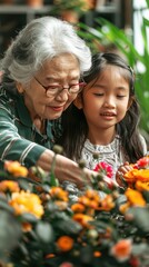 A grandmother and granddaughter share a joyful moment arranging vibrant flowers in a garden