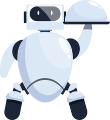 Poster - Cartoon robot waiter is holding a silver cloche, ready to serve food in a restaurant, depicting the future of automation in the service industry