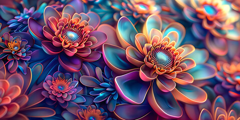 Sticker - Vibrant 3D flower wallpaper on a futuristic 3D background, ideal for wall art and home decor, showcasing stunning 3D illustration with intricate floral designs.