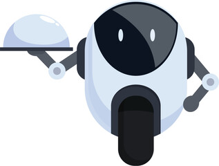 Poster - Modern robot waiter holding a silver platter serving food in a restaurant of the future