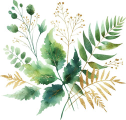 Wall Mural - watercolor flowers and leaves on white background. hand painted flowers, gold and jade flowers witn leaves. wedding invitation, card, greeting card or invitation. vector collection