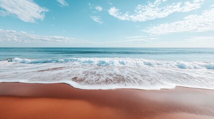 Wall Mural - Panoramic view of a sandy beach with gentle sea waves rolling onto the shore, creating a serene landscape