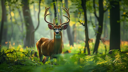 Majestic white-tailed deer roam freely in a serene forest landscape, showcasing their impressive antlers and gentle nature amidst lush greenery and tranquil surroundings.