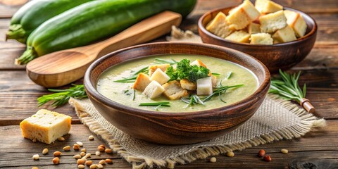 Creamy zucchini soup served in a rustic bowl with crunchy croutons, shaved Parmesan cheese, and fresh dill, placed on a weathered wooden table setting.